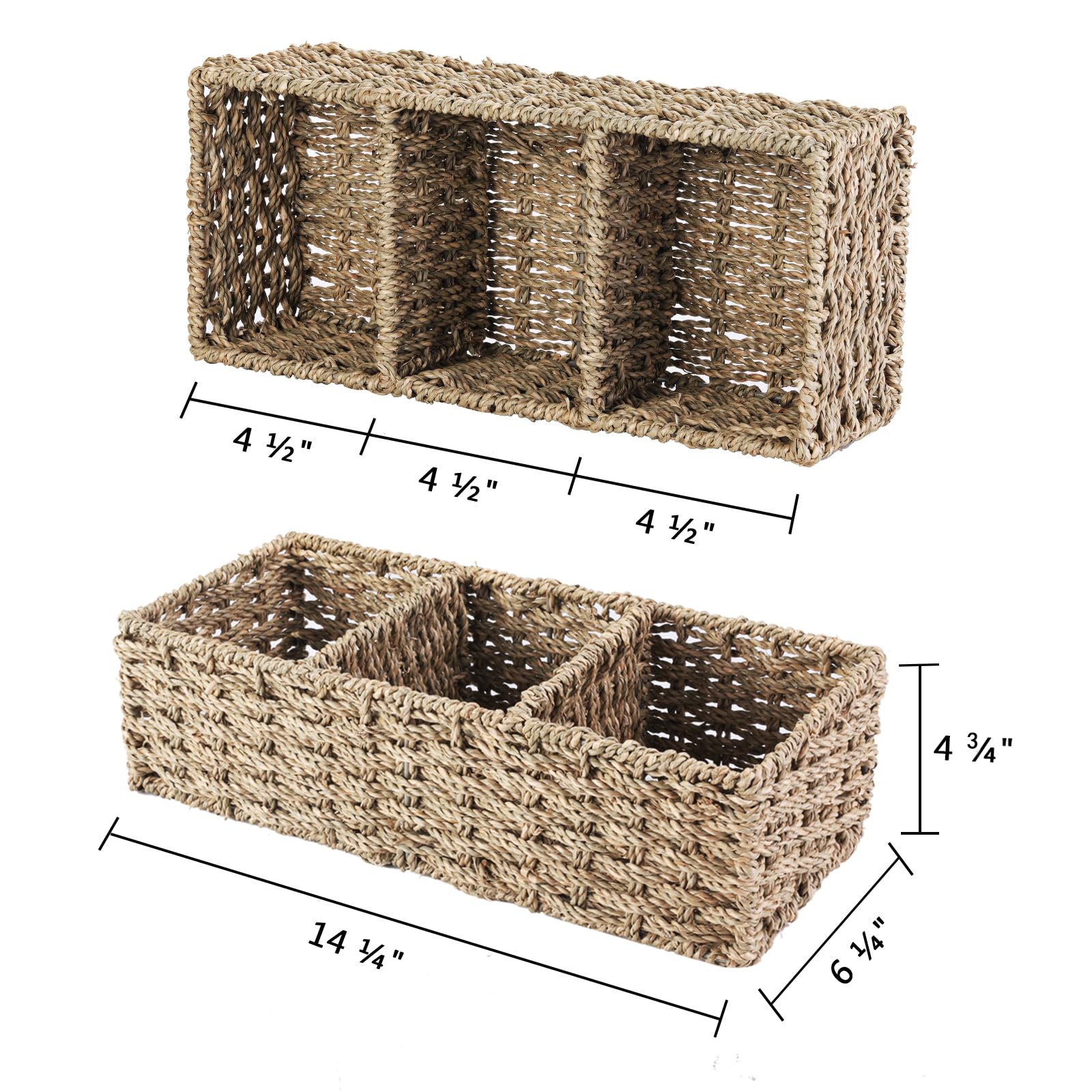 Vagusicc 3-Section Wicker Baskets, Small Baskets for Organizing, Hand-Woven Seagrass Storage Baskets, Toilet Tank Topper Paper Basket, Woven Baskets for Storage, 2-Pack