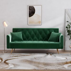 DAMAIFROM 71" Velvet Futon Sofa Bed, Modern Convertible Sleeper Sofa Loveseat, Tufted Futon Couch with Metal Legs for Small Living Room Office Bedroom, Green