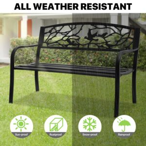 Magshion Patio Benches for Outdoors, 50" Patio Seating Balck Backrest Armrests Sturdy Steel Frame Birds and Branches Style Bench with Straight Legs for Yard Porch Work Entryway, 800lbs