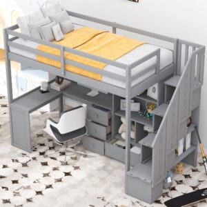 Twin Size Loft Bed with Staircase and L-Shaped Desk, Wooden Loft Bed with Storage Shelves and Drawers, Twin Loft Bunk Bed Frame for Kids Boys Girls Teens, No Box Spring Needed (Gray)