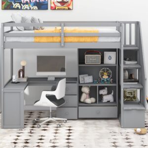 Twin Size Loft Bed with Staircase and L-Shaped Desk, Wooden Loft Bed with Storage Shelves and Drawers, Twin Loft Bunk Bed Frame for Kids Boys Girls Teens, No Box Spring Needed (Gray)