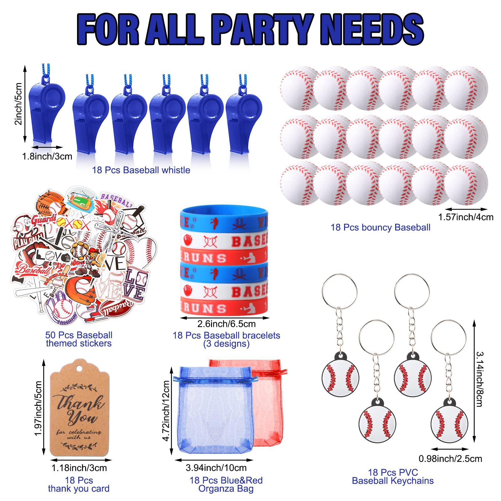 Hungdao 158 Pcs Baseball Party Favors for 18 Kids Includes Mini Bouncy Baseball Keychain Whistle Bracelets Thank You Card Stickers Organza Drawstring Bag for Baseball Sports Event Classroom Rewards