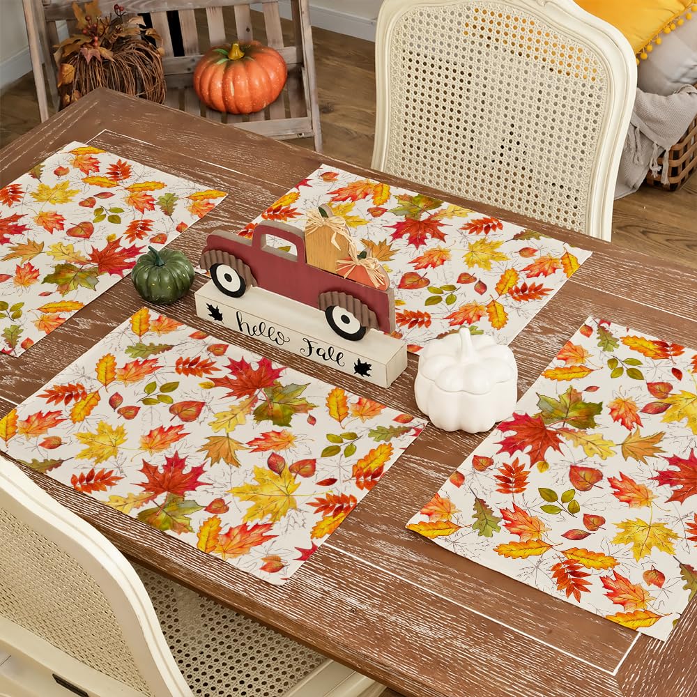 GEEORY Fall Placemats, 12x18 Inch Set of 4 Maple Leaves Hollow Out Table Decor for Kitchen Dining, Indoor & Outdoor Dinner Party (Orange) GP092-18