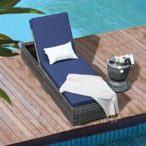 Patiorama Outdoor Patio Chaise Lounge Chair, Elegant Reclining Adjustable Pool Rattan Chaise Lounge Chair with Navy Blue Cushion, Grey PE Wicker, Steel Frame