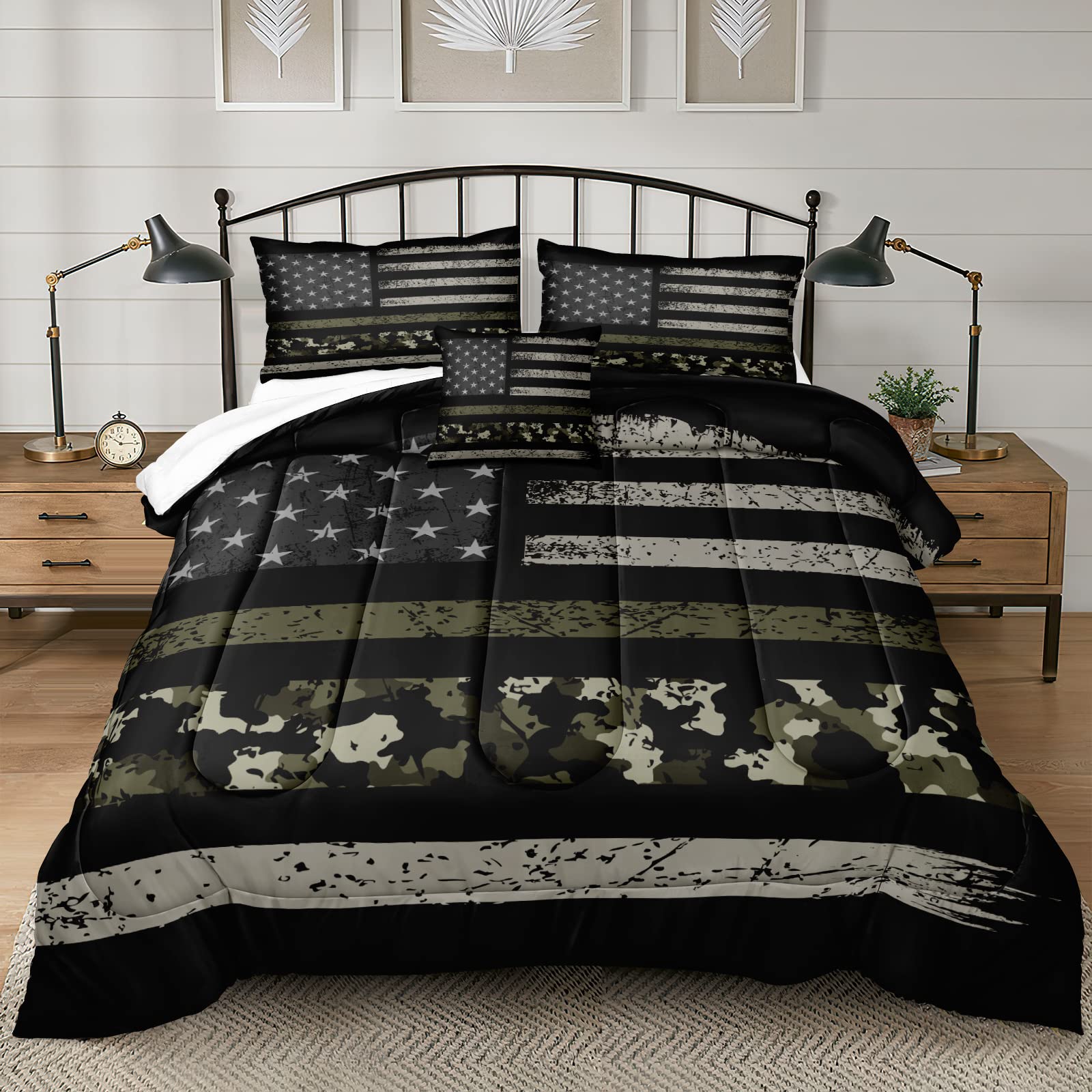 Bedbay American Flag Queen Comforter Set Camo Bedding Girls Boys Room Decor Camouflage Stars Stripes Flag Quilt Bedding Set Army Green Down Alternative Lightweight Comforter Queen 4 Pcs(Camo,Queen)