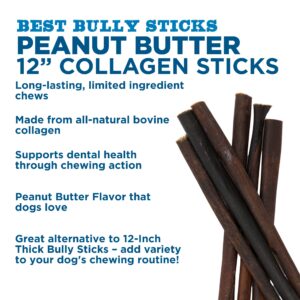 Best Bully Sticks All Natural Peanut Butter Flavor Beef Collagen Sticks - 12 Inch 6 Pack - Long Lasting Limited Ingredient Dog Chew - Supports Healthy Joints, Skin & Coat