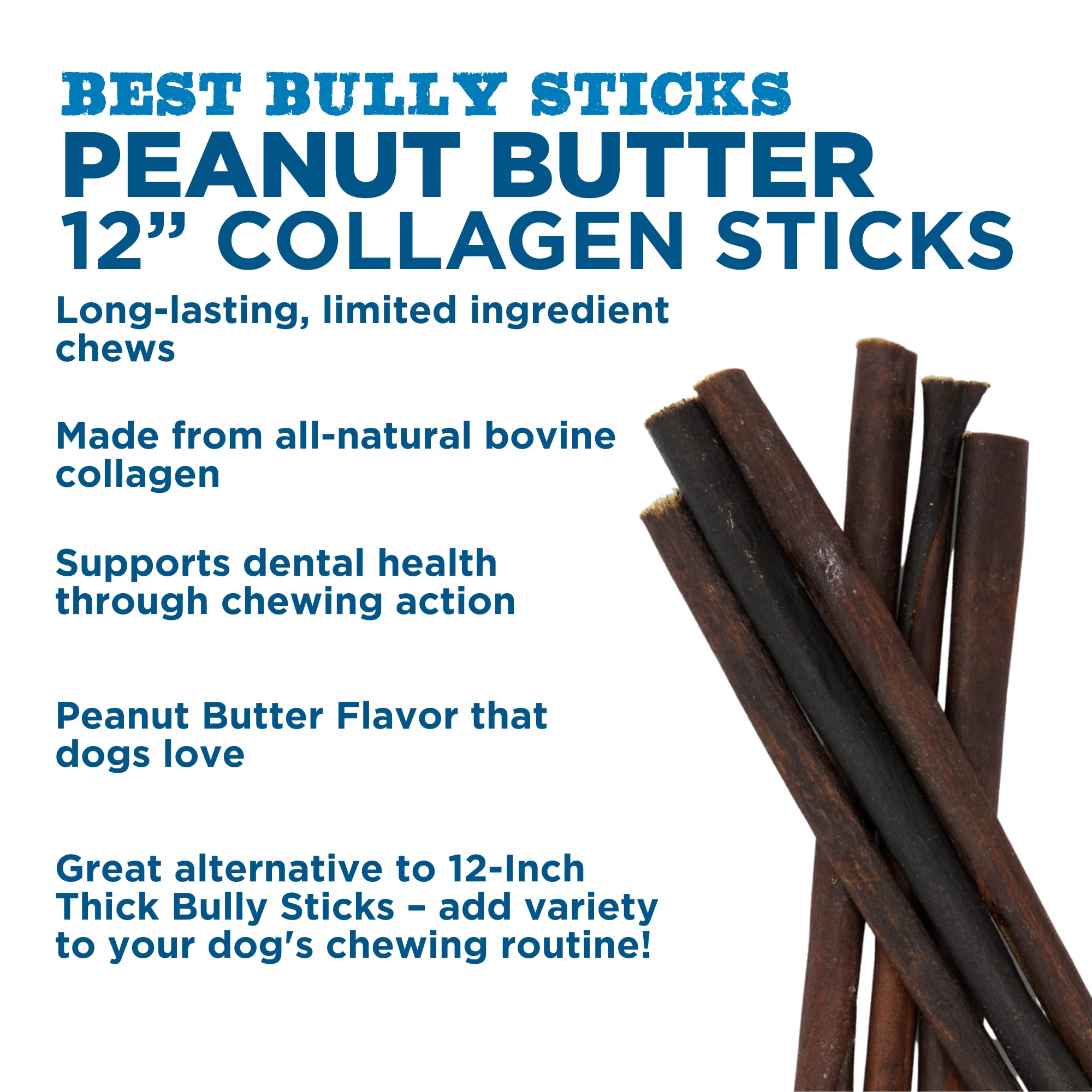 Best Bully Sticks All Natural Peanut Butter Flavor Beef Collagen Sticks - 12 Inch 6 Pack - Long Lasting Limited Ingredient Dog Chew - Supports Healthy Joints, Skin & Coat