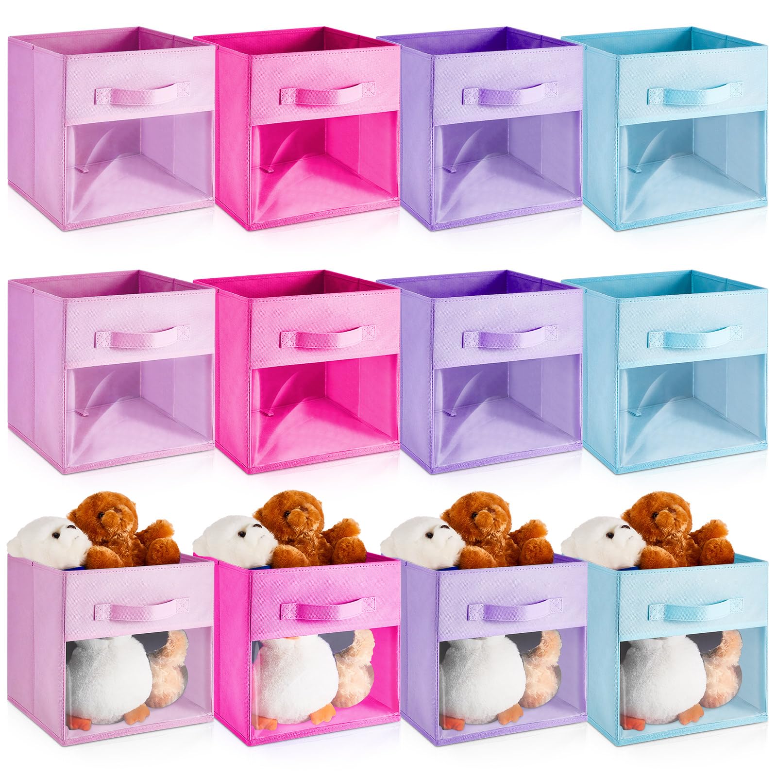 Marsui 12 Pcs Clear Storage Bins Collapsible Cube Storage Bin with Window Daycare Storage Organizer Bins Fabric Storage Bins for Kid Room Nursery Playroom(Blue, Purple, Rose, Pink,Solid)