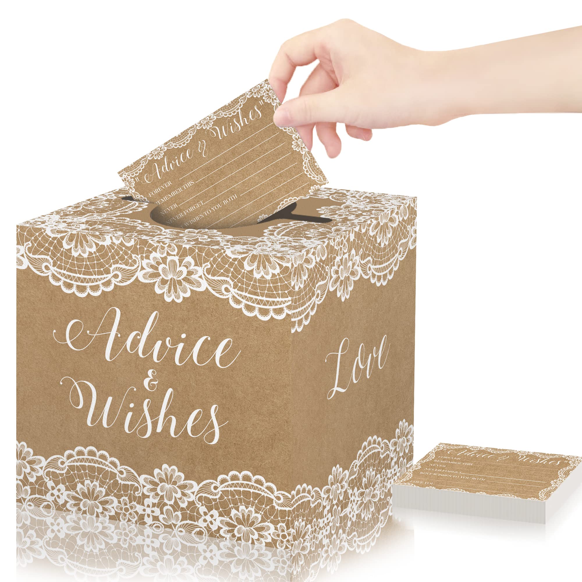 Advice and Wishes Box for Bridal Shower, Newlyweds Advice Box with Cards, 50 Pieces Advice Cards with Holder Box for Bridal Shower, Meaningful Wedding Party Activit- Lace-23