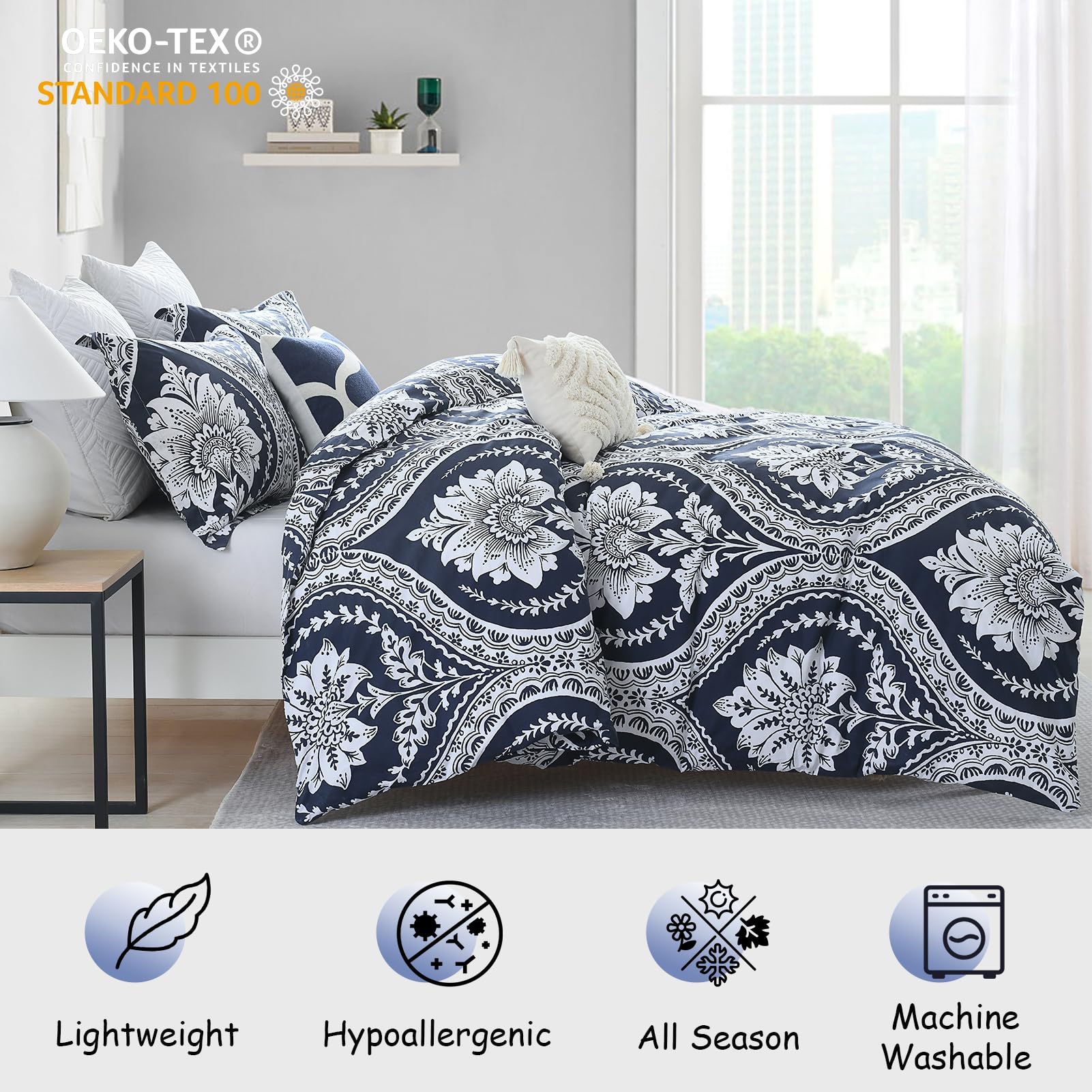 Bedduvit Cotton Duvet Cover Queen - Navy Blue Damask Queen Duvet Cover Set,Breathable Minimalism Damask Patterned Duvet Cover Queen with Zipper Closure & 8 Ties (90"x90", No Comforter)