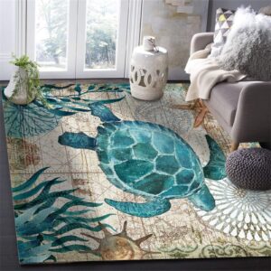 Blue Sea Turtle Nautical Map Area Rug,5x7ft Ocean Animal Print Non-Slip Rugs, Underwater World Living Room Decorative Carpet, for Living Room, Bedroom Children's Room Washable Home Decoration