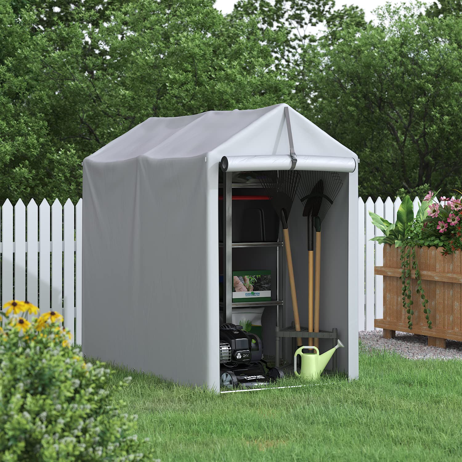 Greesum Outdoor Storage Shed 6 x 3 x 5 ft Canopy Portable Shelter Heavy Duty Carport with Roll-up Zipper Door for Bike, Motorcycle, Garden Storage, Waterproof and UV Resistant, Silver