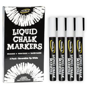 4-pack white erasable chalk markers - non-toxic, water-based, reversible tips for kids & adults, glass & chalkboards