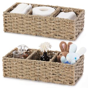 vagusicc 3-section wicker baskets, small baskets for organizing, hand-woven seagrass storage baskets, toilet tank topper paper basket, woven baskets for storage, 2-pack