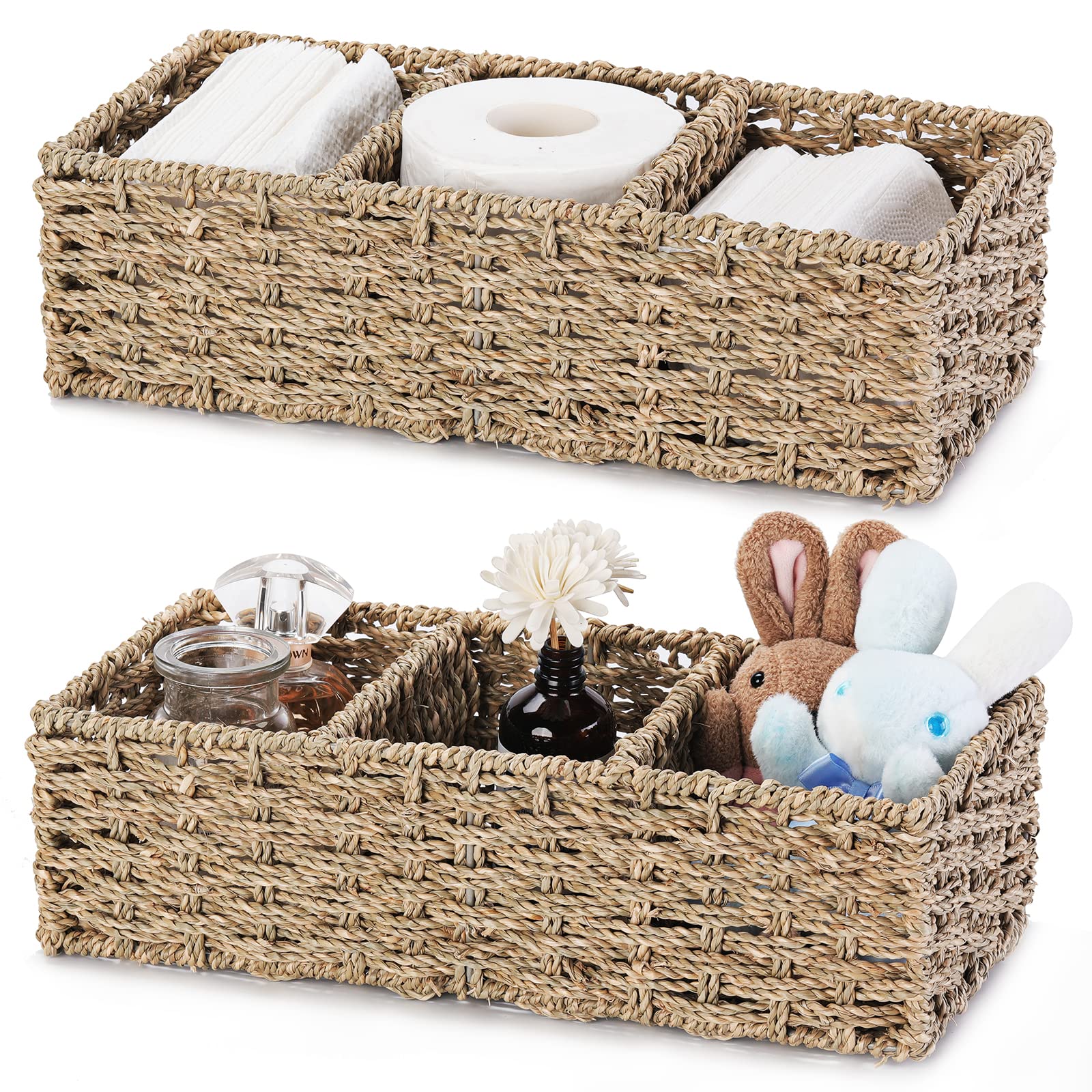 Vagusicc 3-Section Wicker Baskets, Small Baskets for Organizing, Hand-Woven Seagrass Storage Baskets, Toilet Tank Topper Paper Basket, Woven Baskets for Storage, 2-Pack