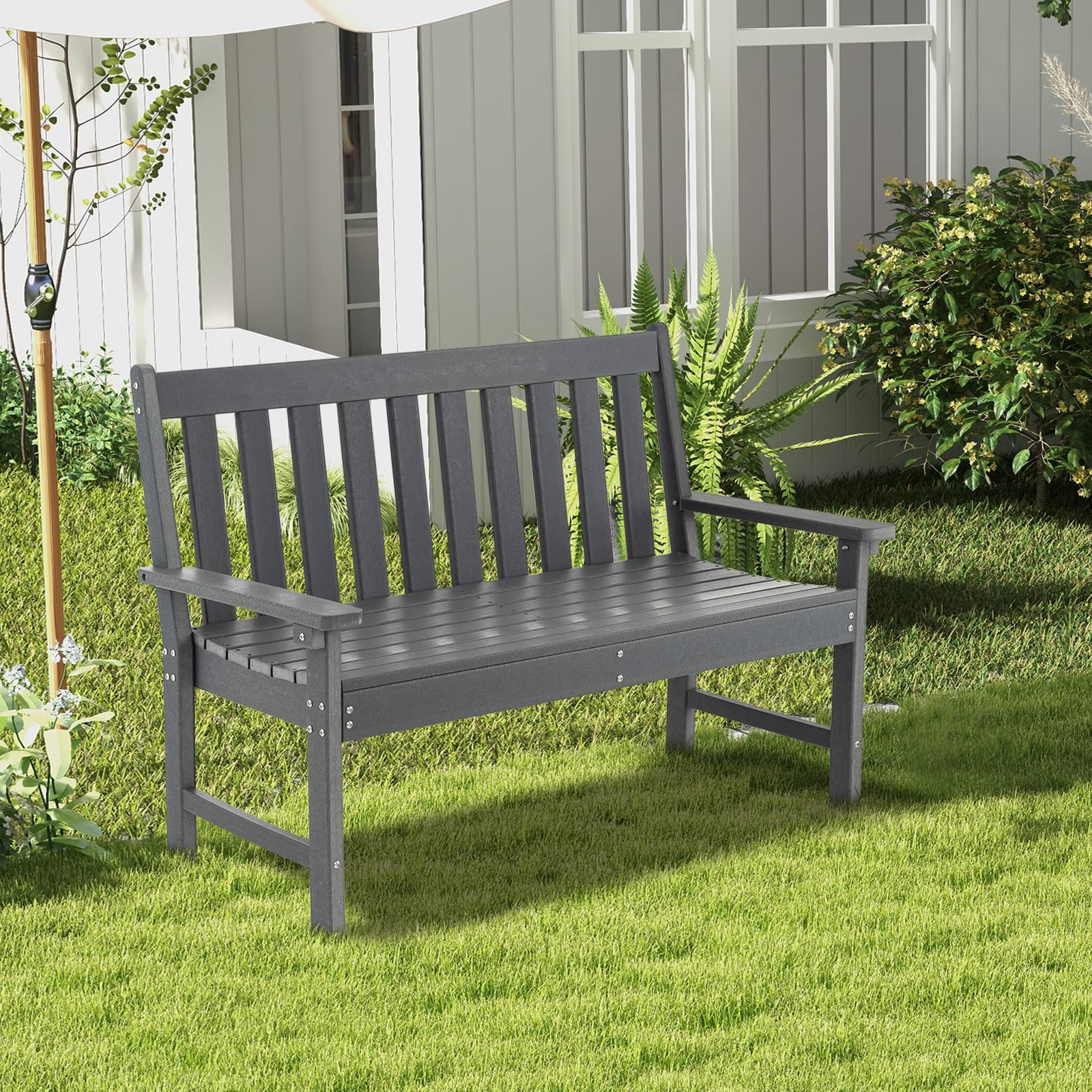 Giantex Outdoor Bench, 52-Inch Outside Bench All-Weather HDPE Park Bench with Backrest and Armrests, 705 lbs Weight Capacity, 2-Person Slatted Patio Bench for Porch, Yard, Lawn, Garden Bench (Grey)