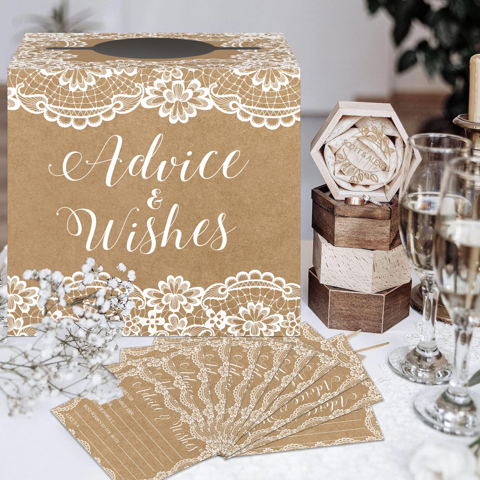 Advice and Wishes Box for Bridal Shower, Newlyweds Advice Box with Cards, 50 Pieces Advice Cards with Holder Box for Bridal Shower, Meaningful Wedding Party Activit- Lace-23