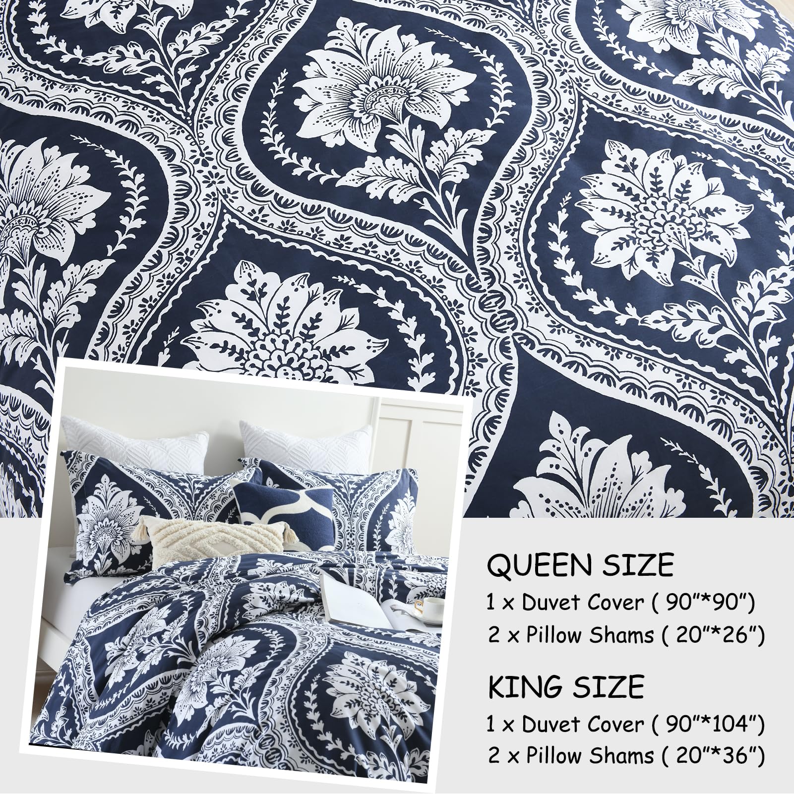 Bedduvit Cotton Duvet Cover Queen - Navy Blue Damask Queen Duvet Cover Set,Breathable Minimalism Damask Patterned Duvet Cover Queen with Zipper Closure & 8 Ties (90"x90", No Comforter)