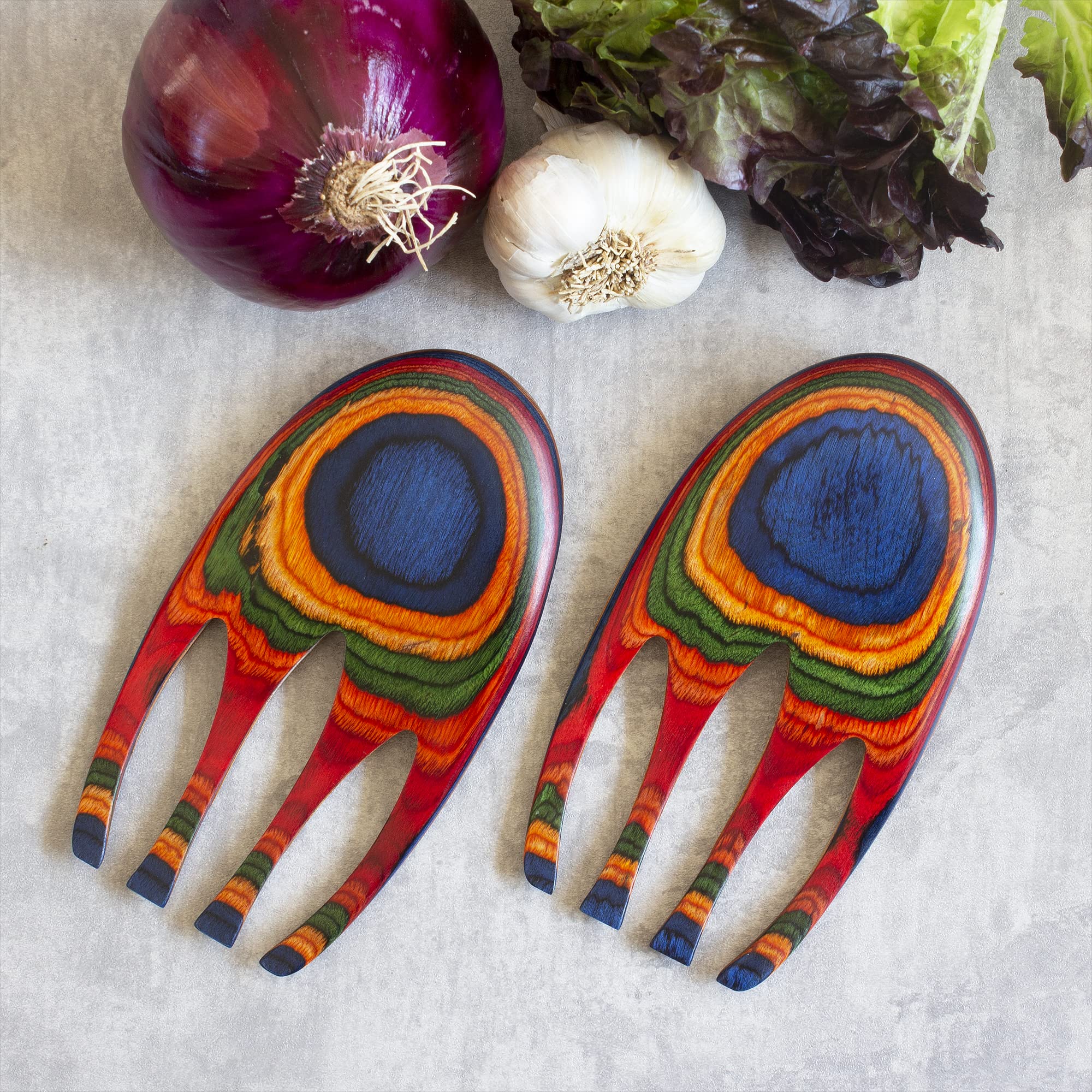 Baltique Marrakesh Collection Salad Hands Serving Utensil Set, Colorful Wooden Salad Servers