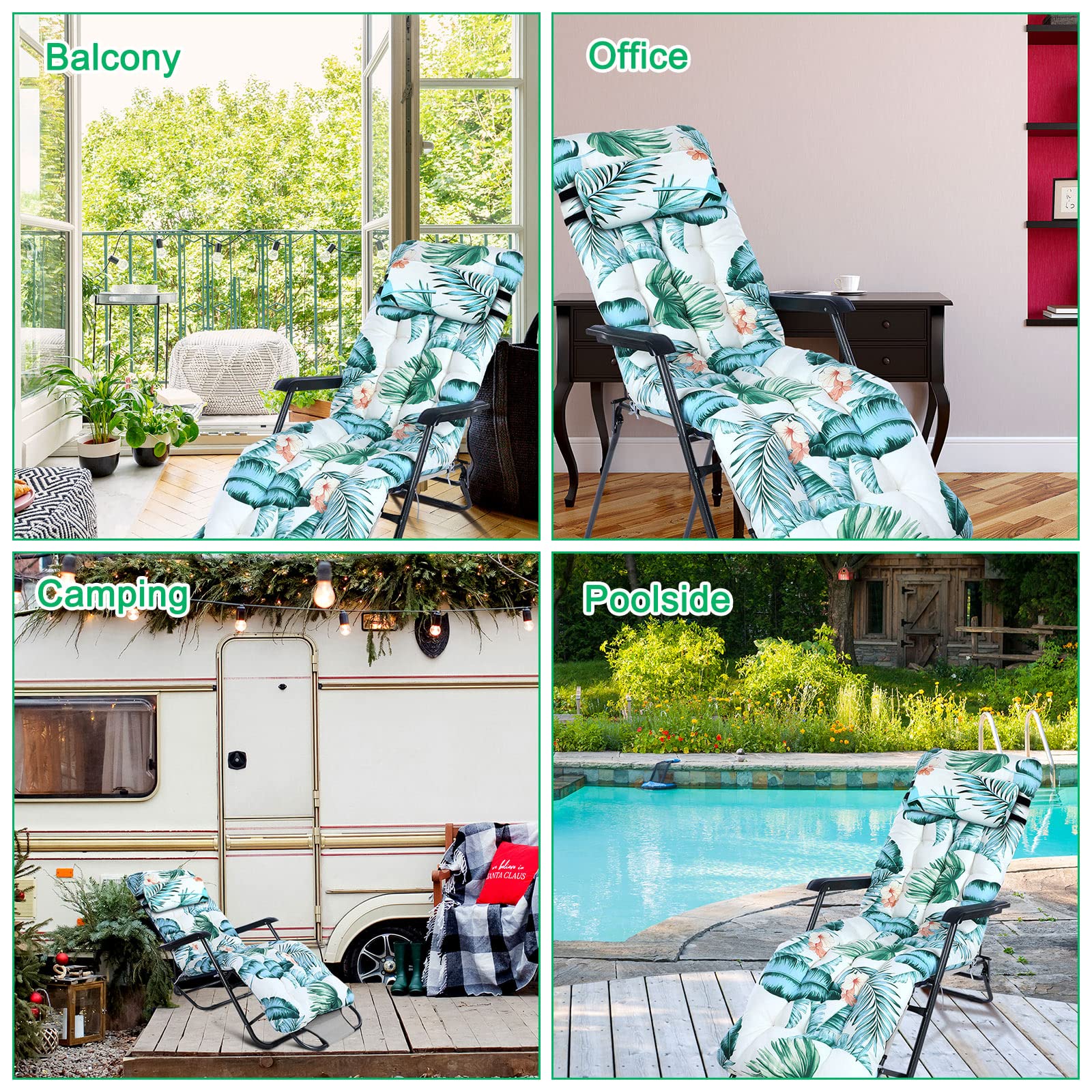 Wesiti Outdoor Lounge Cushion Lounger Chair Cushion Patio Chaise Replacement 67 x 21 Inch Rocking Cushion for Furniture Sofa Non Slip Floral Thick High Back Chair Pads with Headrest 8 Ties