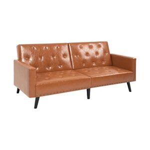 Naomi Home Jolene Tufted Split Back Futon, Mid Century Convertible Sofa Bed for Small Rooms, Faux Leather Couch, Perfect for Your Modern Living Room- Caramel, Faux Leather