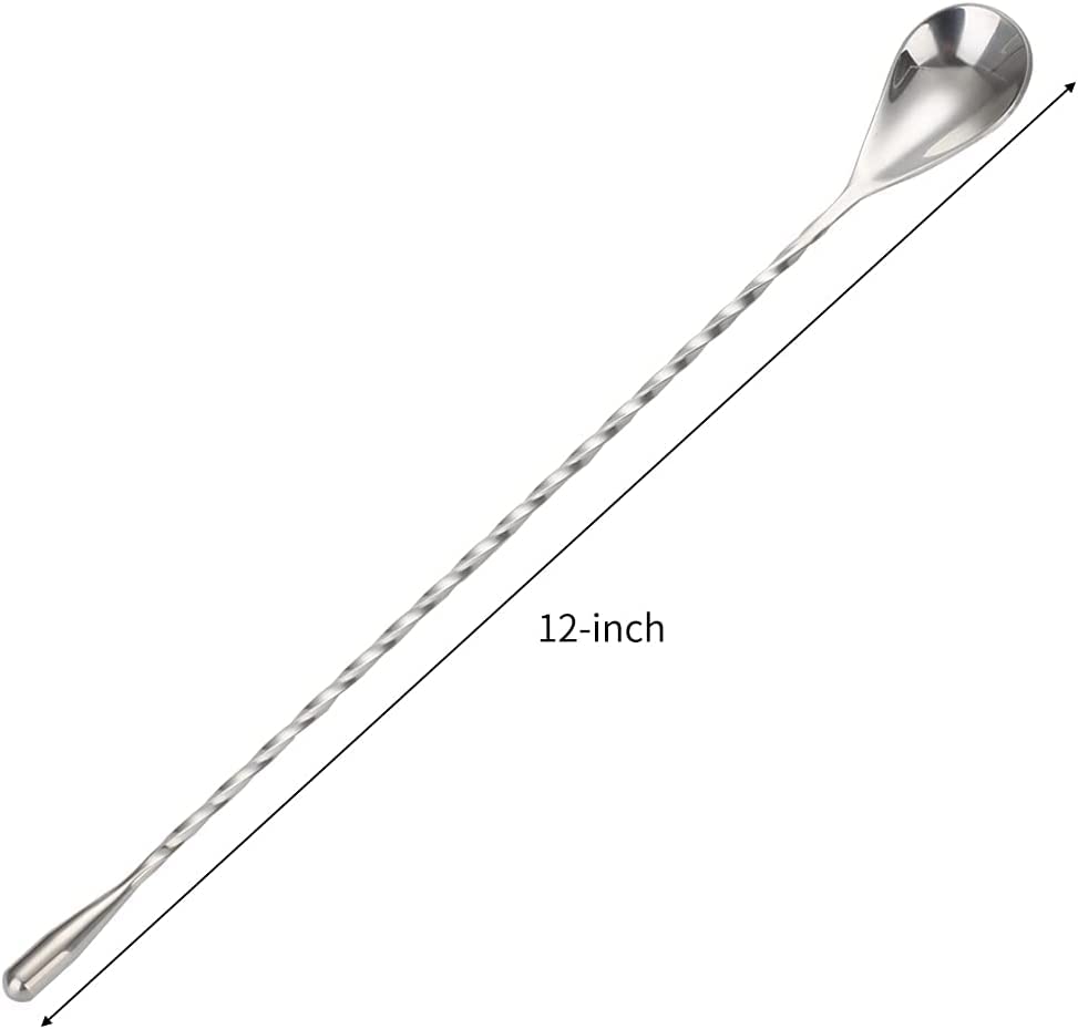 12 Inches Stainless Steel Mixing Spoons, Long handle spiral Pattern Bar Cocktail spoon, Bar Bartender Mixing Spoon Cocktail Stirrers Silver 2 Pieces