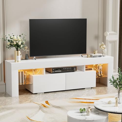 YESHOMY Modern LED TV Stand for Televisions up to 70 Inch with Glass Shelves and Drawer, Gaming Entertainment Center with Multiple Dynamic RGB Modes, for Livingroom, Bedroom, 60 Inch, White