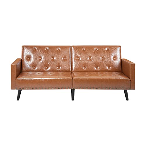 Naomi Home Jolene Tufted Split Back Futon, Mid Century Convertible Sofa Bed for Small Rooms, Faux Leather Couch, Perfect for Your Modern Living Room- Caramel, Faux Leather