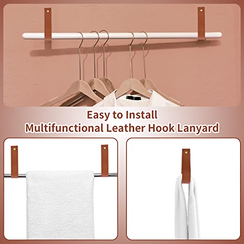 TIESOME Leather Hook Lanyard, 4Pcs Wall Hanging Straps Hanger Towel Hook Curtain Rod Holder for Bathroom Kitchen Bedroom Boho Style Decor(Brown)