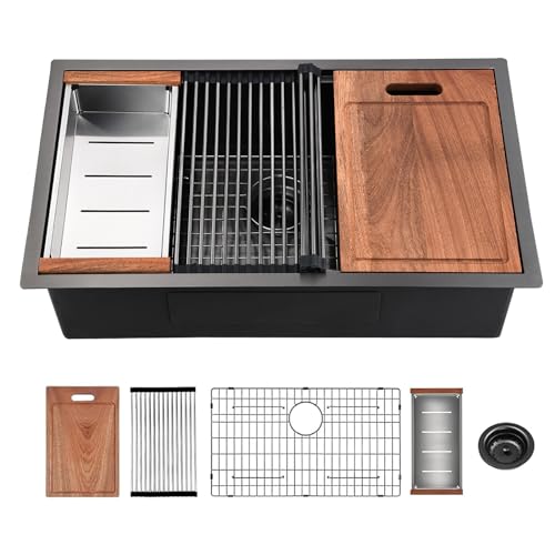 33 inch Gunmetal Black Stainless Steel Undermount Kitchen Sink - CELAENO 33x19 Handmade 16 Gauge Single Bowl Workstation Sink, 10 Inch Deep Modern Kitchen Sink is equipped with various accessories