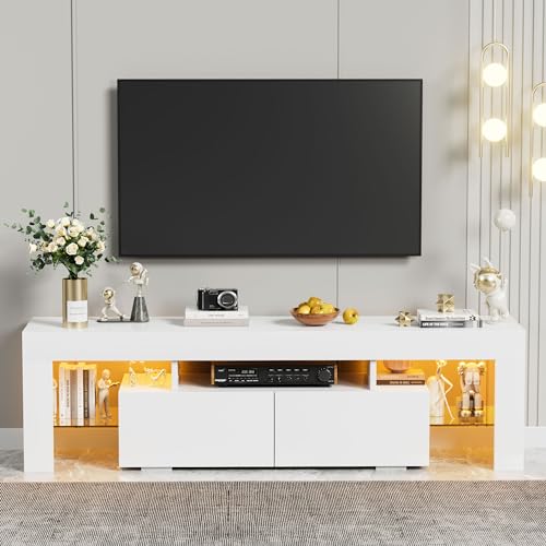 YESHOMY Modern LED TV Stand for Televisions up to 70 Inch with Glass Shelves and Drawer, Gaming Entertainment Center with Multiple Dynamic RGB Modes, for Livingroom, Bedroom, 60 Inch, White