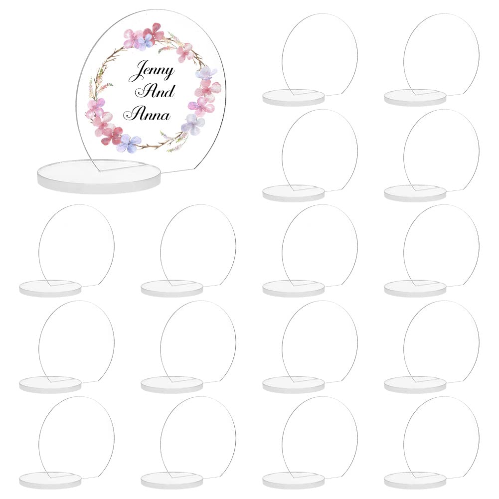 AHANDMAKER 20 Set Acrylic Place Cards, Round Wedding Place Card Holder Acrylic Name Plaque Sign Place Card Seating Chart Stand Acrylic Circle Table Number Blank with Stand for Wedding Banquet, Clear