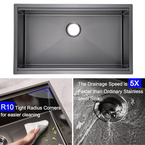 33 inch Gunmetal Black Stainless Steel Undermount Kitchen Sink - CELAENO 33x19 Handmade 16 Gauge Single Bowl Workstation Sink, 10 Inch Deep Modern Kitchen Sink is equipped with various accessories