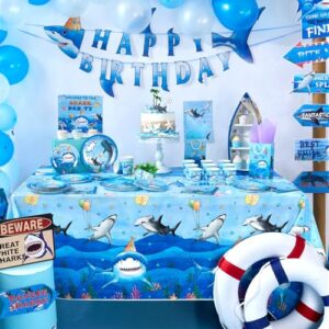 WERNNSAI Blue Shark Party Table Cover -2 PC 54” x 108” Ocean Theme Table Cloth Under The Sea Party Supplies Disposable Plastic Rectangle Tablecloth for Kids Shark Birthday Party Decor