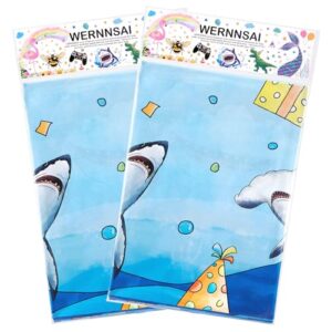 WERNNSAI Blue Shark Party Table Cover -2 PC 54” x 108” Ocean Theme Table Cloth Under The Sea Party Supplies Disposable Plastic Rectangle Tablecloth for Kids Shark Birthday Party Decor