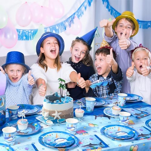 WERNNSAI Blue Shark Party Table Cover -2 PC 54” x 108” Ocean Theme Table Cloth Under The Sea Party Supplies Disposable Plastic Rectangle Tablecloth for Kids Shark Birthday Party Decor