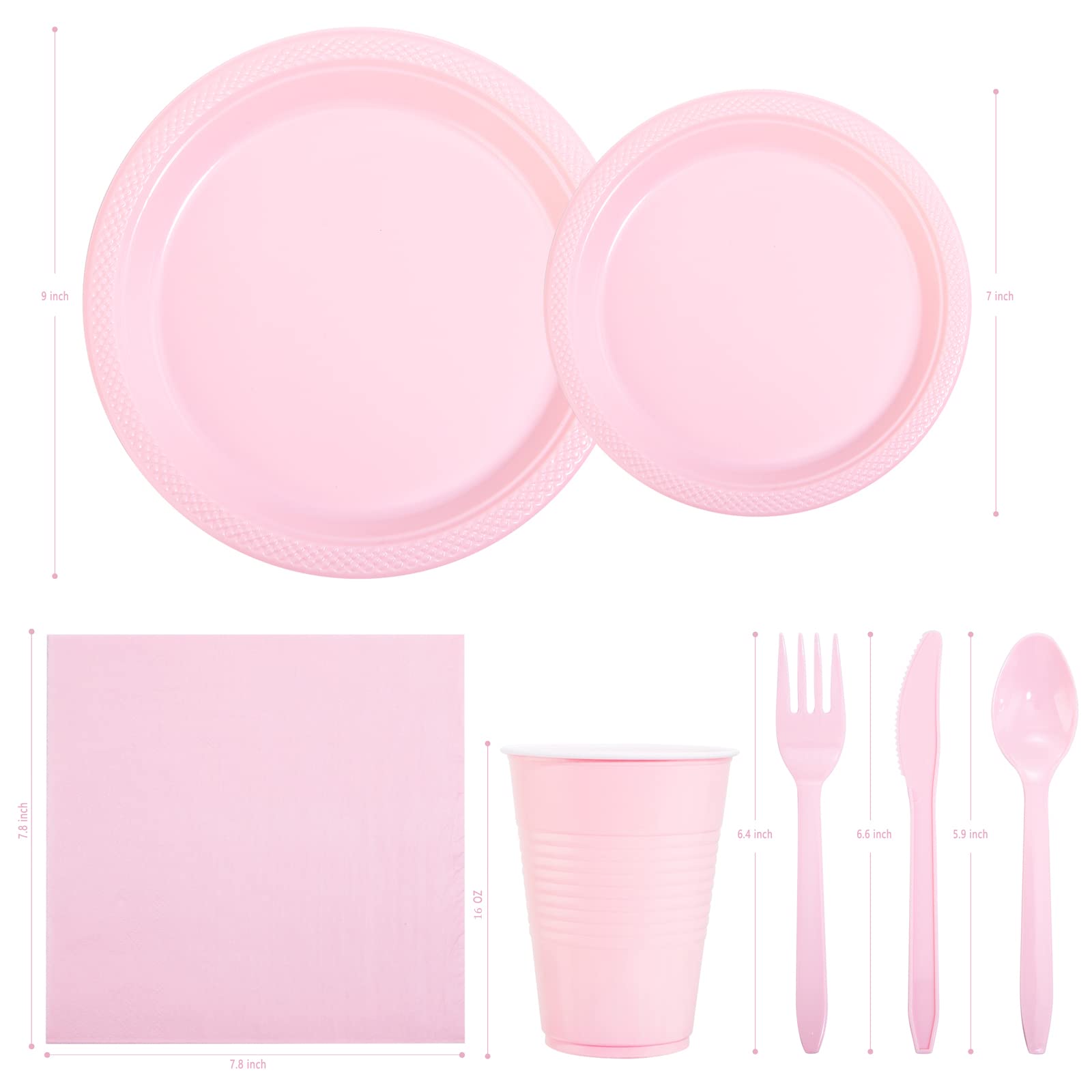 WELLIFE 210 Pieces Pink Party Supplies, Disposable Dinnerware Set, Including Pink Plastic Plates, 12OZ Pink Cups, Pink Plastic Cutlery and Paper Napkins Serve 30 Guests for Party