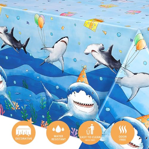 WERNNSAI Blue Shark Party Table Cover -2 PC 54” x 108” Ocean Theme Table Cloth Under The Sea Party Supplies Disposable Plastic Rectangle Tablecloth for Kids Shark Birthday Party Decor