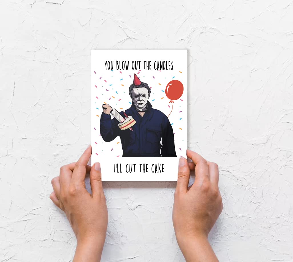 XXDJLP Horror Themed Birthday Cards Gifts for Men Women, Funny Halloween Michael Myers Birthday Card for Him Her, Creepy Killer Movie Bday Greeting Cards with Envelope