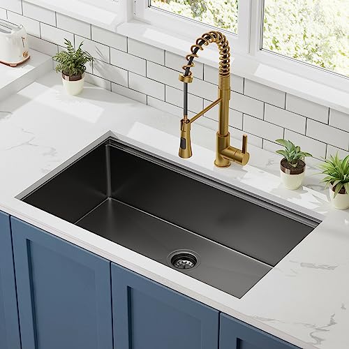 33 inch Gunmetal Black Stainless Steel Undermount Kitchen Sink - CELAENO 33x19 Handmade 16 Gauge Single Bowl Workstation Sink, 10 Inch Deep Modern Kitchen Sink is equipped with various accessories