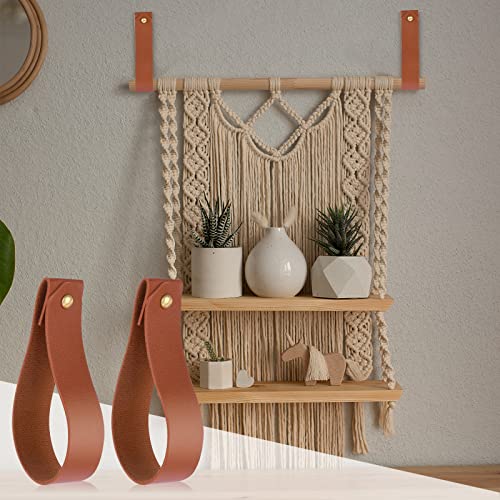 TIESOME Leather Hook Lanyard, 4Pcs Wall Hanging Straps Hanger Towel Hook Curtain Rod Holder for Bathroom Kitchen Bedroom Boho Style Decor(Brown)