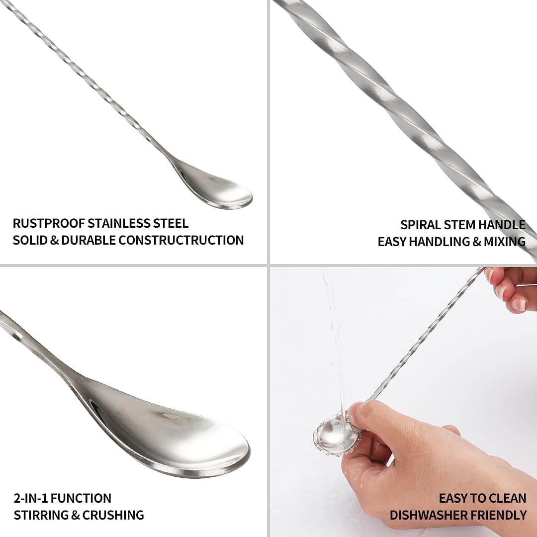 12 Inches Stainless Steel Mixing Spoons, Long handle spiral Pattern Bar Cocktail spoon, Bar Bartender Mixing Spoon Cocktail Stirrers Silver 2 Pieces