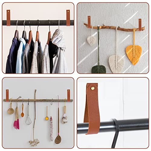 TIESOME Leather Hook Lanyard, 4Pcs Wall Hanging Straps Hanger Towel Hook Curtain Rod Holder for Bathroom Kitchen Bedroom Boho Style Decor(Brown)