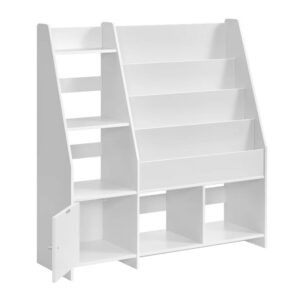 sturdis modern rounded edge wooden kids bookshelf with storage cabinet, book organizer storage shelves for bedrooms, playrooms, and nurseries, white