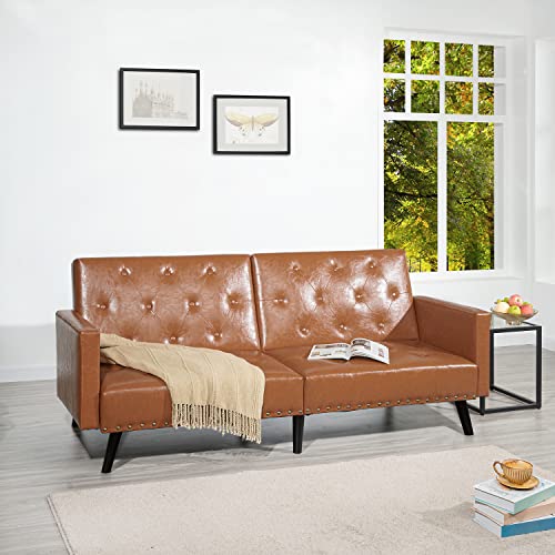 Naomi Home Jolene Tufted Split Back Futon, Mid Century Convertible Sofa Bed for Small Rooms, Faux Leather Couch, Perfect for Your Modern Living Room- Caramel, Faux Leather