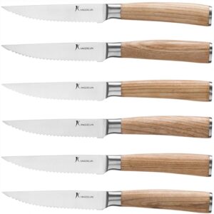 kangdelun natura series 4.5” serrated steak knife set of 6, high carbon stainless steel, wooden handle