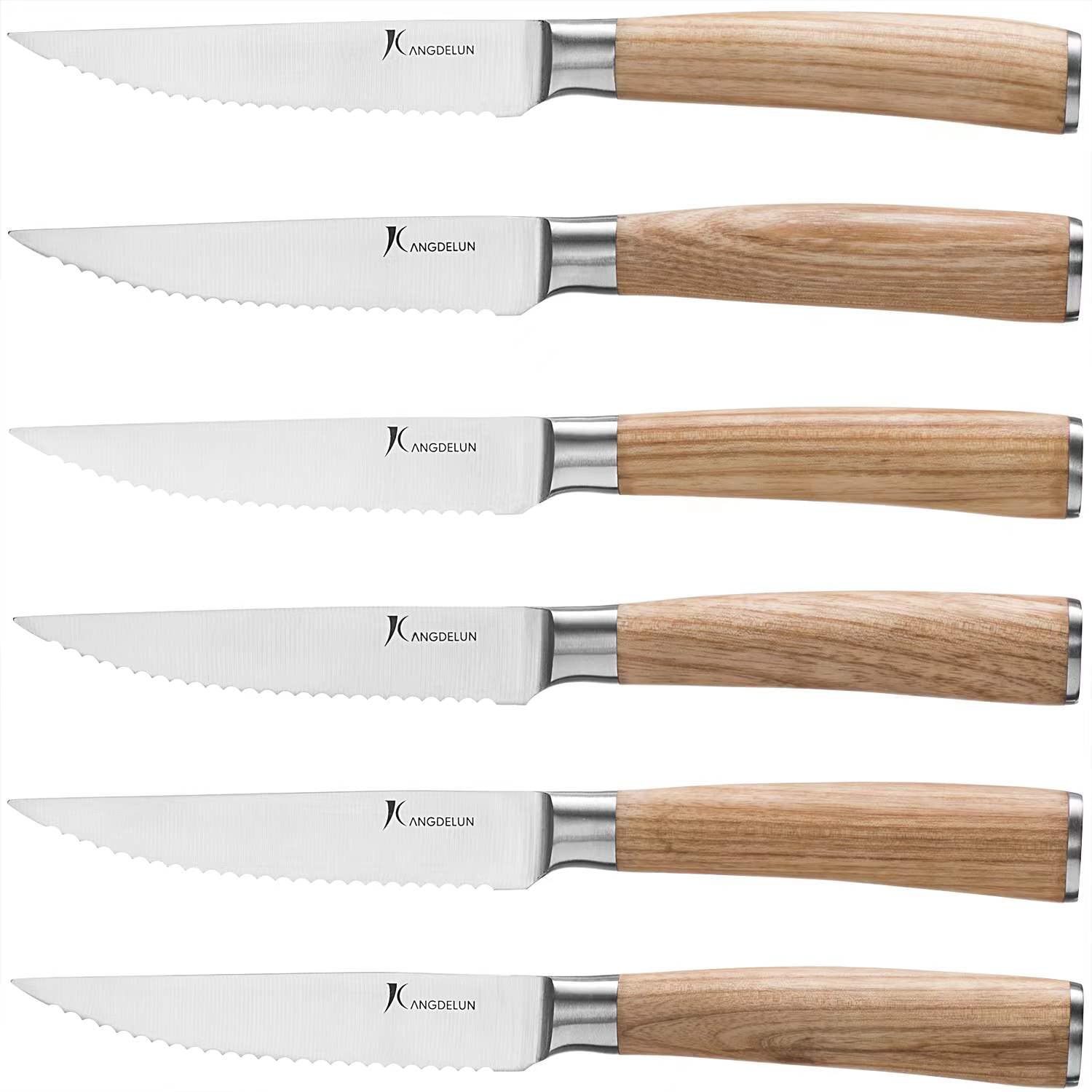 kangdelun Natura Series 4.5” Serrated Steak Knife Set of 6, High Carbon Stainless Steel, Wooden Handle