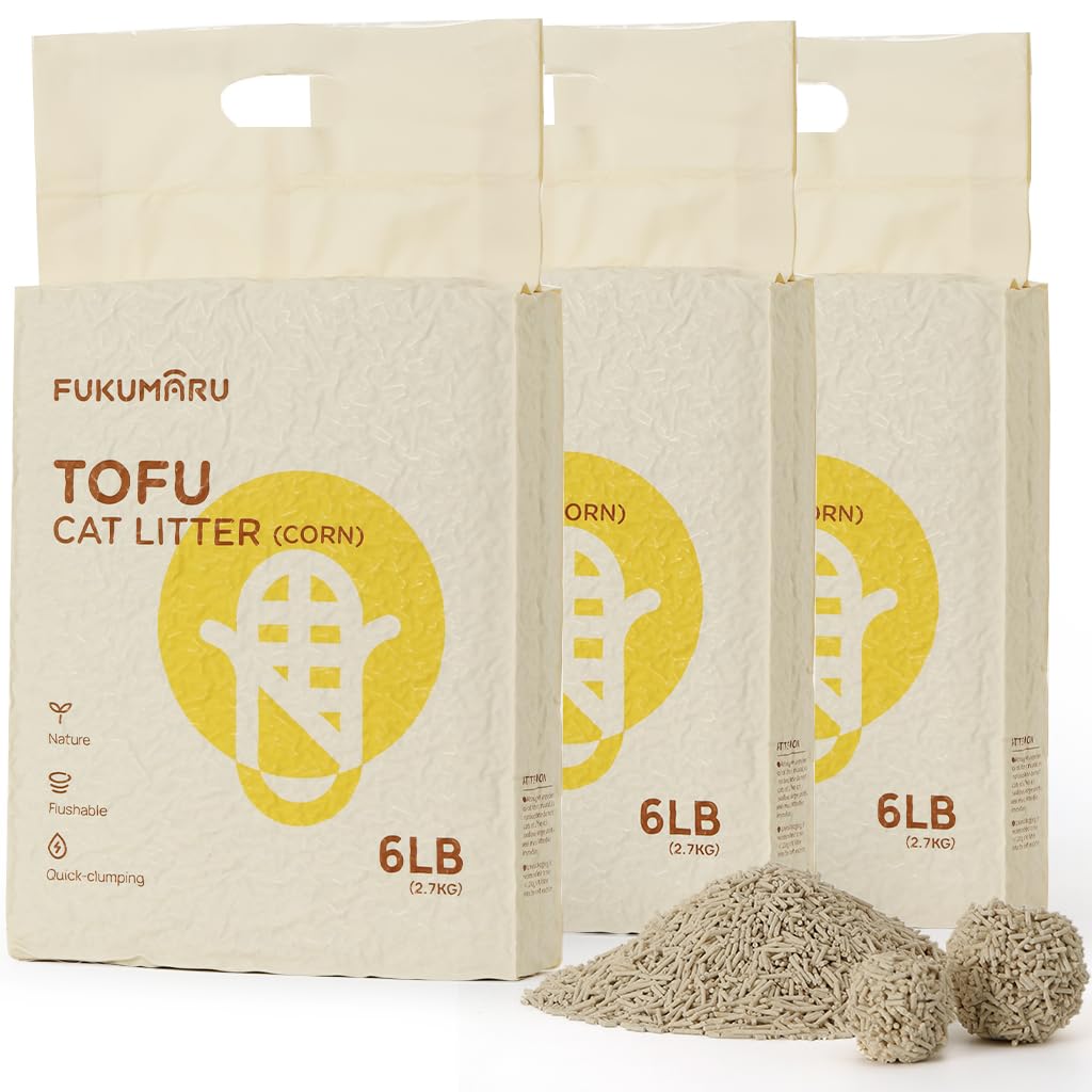 FUKUMARU Tofu Cat Litter Natural Unscented, Dust Free Cat Litter, Flushable Cat Litter Quick Clumping, Lightweight, Low Tracking Cat Litter Pellets, Effective Odor Control, 18 LBS (3 Packs)