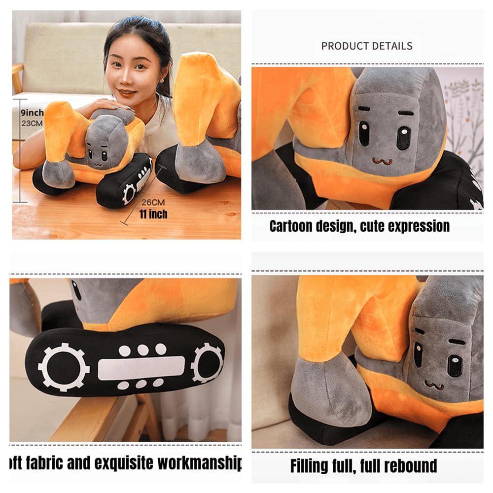 XIYUAN 11 inch Soft Excavator Stuffed Construction Toy Truck Toy Super Cute Car Plush Pillow - Soft Plush Toys for Little Boys, Girls, Babies and Toddlers - Great Gift（Yellow）