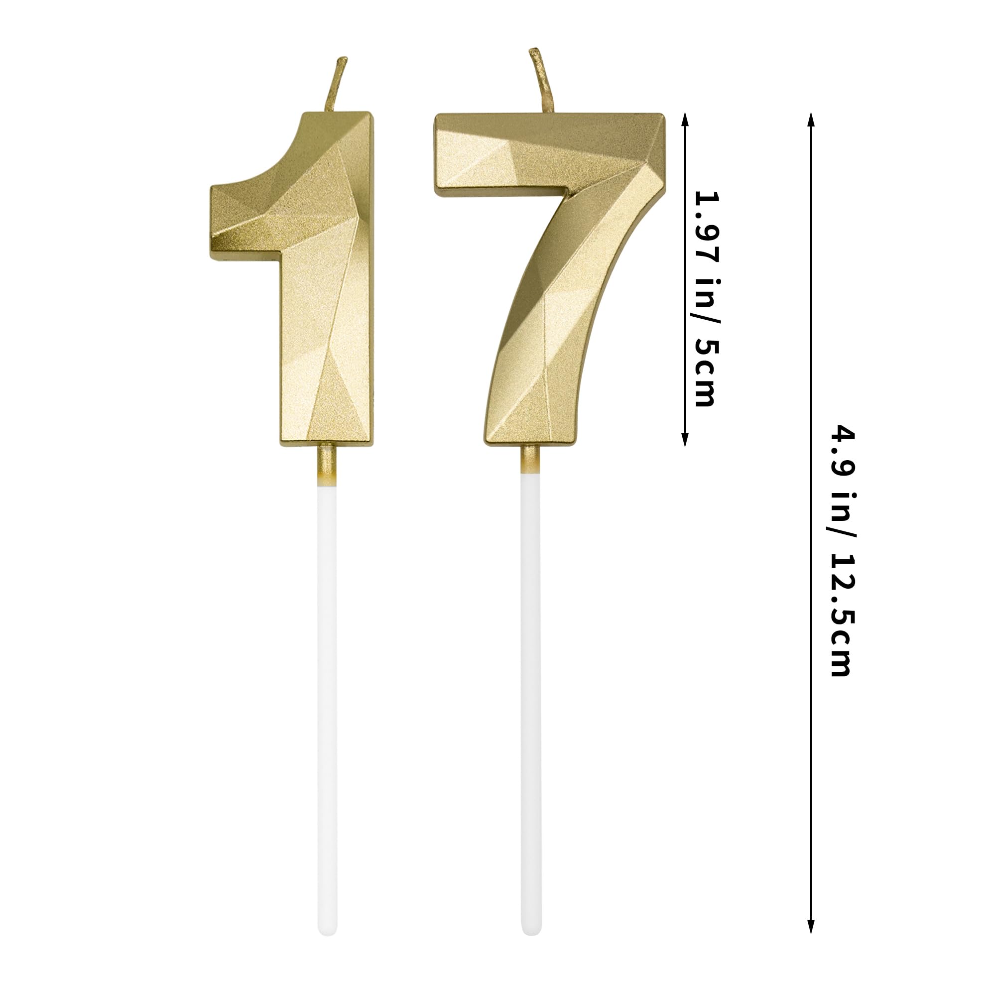 17th & 71st Birthday Candles for Cake, Gold Number 17 71 3D Diamond Shaped Candle Birthday Decorations Party Supplies for Girls, Boys, Women or Men